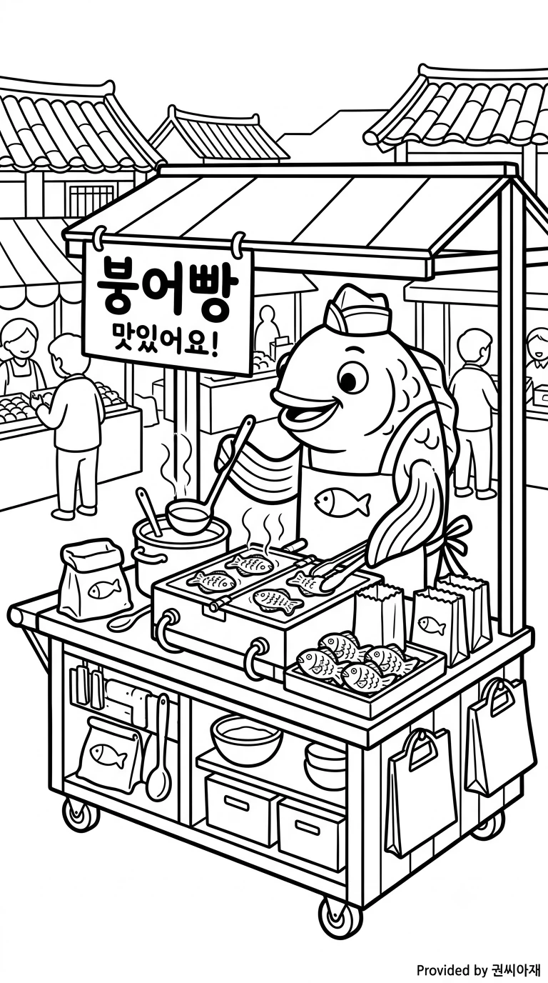 붕어빵파는물고기아저씨 색칠하기 도안 - 풍경 난이도5