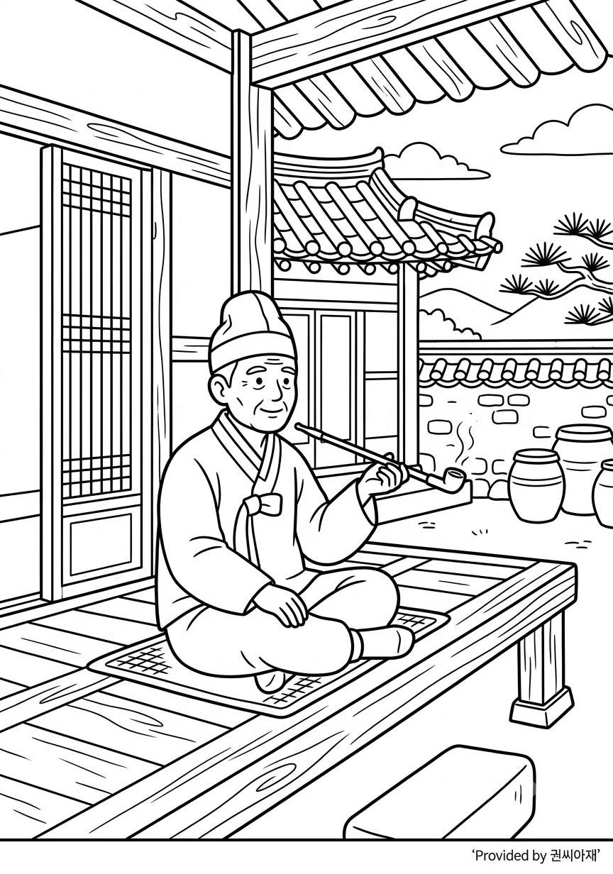 곰방대피우는할아버지 색칠하기 도안 - 풍경 난이도4